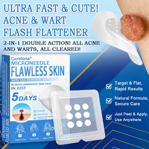 Curalona® 2-in-1 Microneedle & Hydrocolloid Patch | Raised Moles,Acne,  Flat Warts & Skin Tags Remover | Improves Wrinkles, Scars & Blemishes | Invisible Pimple Patches for Face & Body